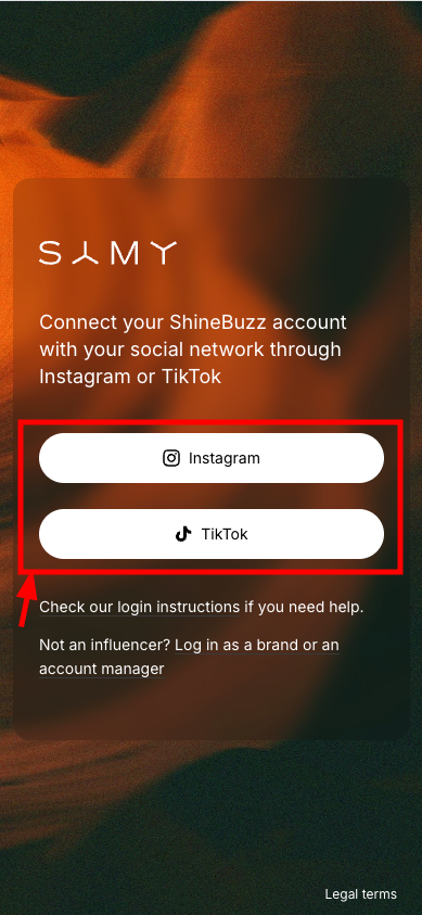 Image of the influencer login page with social network options.
